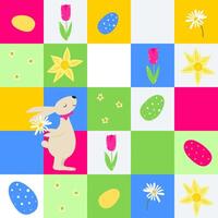 Easter quilt seamless background, patchwork pattern with cute rabbit, spring flowers, eggs vector