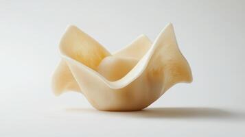 A curved abstract sculpture displayed against a simple white background photo