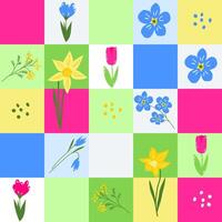 Spring flower checkered seamless background, patchwork pattern with cute flat blooming plants vector