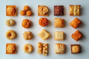 A collection of various different fried food items on display photo