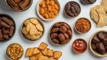 Various Snacks And Dips Are Arranged On A White Background photo