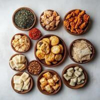 Assorted snacks and appetizers arranged within wooden bowls on white surface photo