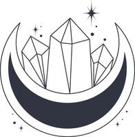 Bohemian linear logo icon symbol. Line art healing crystal and moon concept of esoteric elements vector