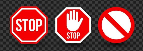 Stop sign icon and prohibition sign. Standard stop text, stop sign hand gesture, no entry icon. Emblem for road safety, warning signal, restriction notice. Highly visible design. illustration vector