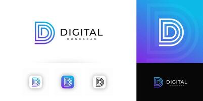 Stylized letter D formed by layered digital lines with gradient color, evokes innovation, precision. Suitable for tech branding, apps, digital identity. Modern geometric monogram. illustration. vector