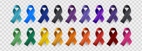 Colorful awareness ribbons in various colors representing different causes. Symbol of support, prevention, unity. Realistic 3D design for campaign graphics. illustration vector
