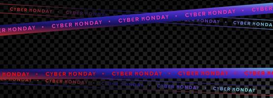 Cyber Monday gradient tape banner. Neon futuristic warning stripe with glowing text on transparent background. Promo design for online sales, digital ads. illustration vector