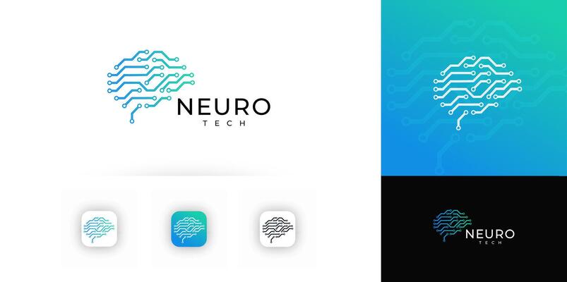 Brain Circuit design with Branching Tech lines symbolizing digital processing, innovation, intelligence. Tech hardware, AI, neuroscience, app branding, cyber system. Schematic Logo.