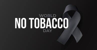 Gray awareness ribbon with World No Tobacco Day message on dark background. Powerful anti-smoking visual for health risks, life-saving awareness. Glossy 3D style illustration vector