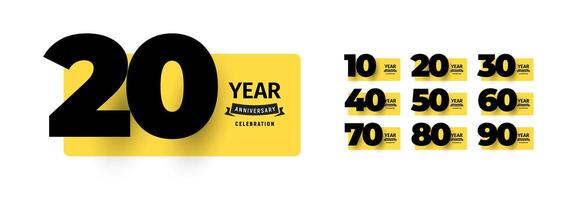 Modern anniversary celebration design set featuring bold numbers from 10 to 90 with stylish typography on yellow backgrounds. Ideal for greeting card and birthday banner. illustration vector