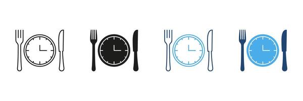 Meal Time Line and Silhouette Icon Set. Clock With Knife And Fork, Restaurant, Culinary, Dining Concept. Editable Stroke. Isolated Illustration vector
