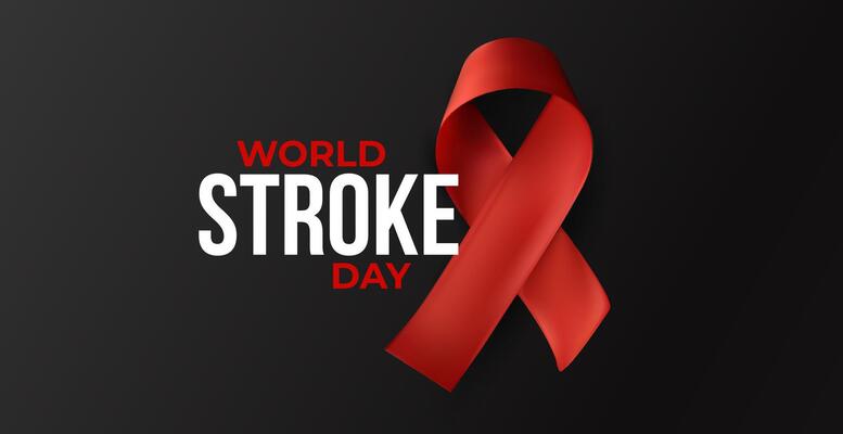 Red awareness ribbon with World Stroke Day text on dark background. Powerful emotional call for attention, health prevention, global support. Medical awareness concept, glossy 3D illustration