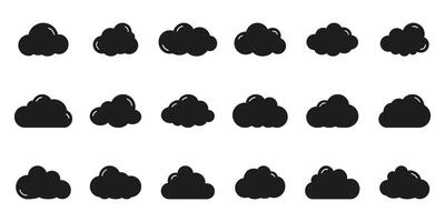 Cloud shapes solid icon set. Collection of various cloud configurations in a minimal style silhouette symbol collection. Isolated illustration vector