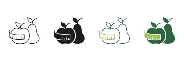 Apple And Pear Line and Silhouette Icon Set With Measuring Tape, Healthy Food And Weight Control Concept. Diet And Wellness Design. Editable Stroke. Isolated Illustration vector