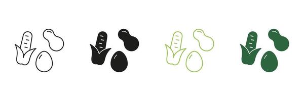 Healthy Eating and Balanced Diet Line and Silhouette Icon Set. Peanut, Egg, and Corn Outline and Solid Icon. Nutritional Foods Symbol. Editable Stroke. Isolated Illustration vector