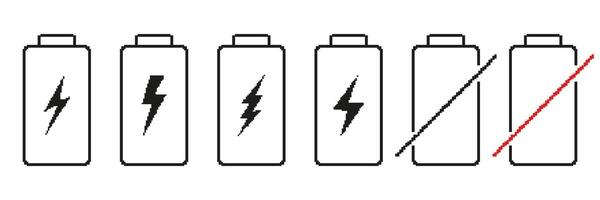Battery Charge Levels Pixelated Icon Set. Pixel Art Symbol Collection Of Battery Power Indicators In Various States. Isolated Illustration vector