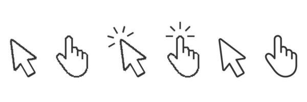 Cursor And Hand Pixelated Icon Set. Pixel Art Symbol Collection Of Cursor And Hand Icons. Isolated Illustration vector