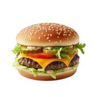 Delicious cheeseburger with sesame bun lettuce tomato and pickles isolated on for menu design png