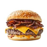 Delicious bacon cheeseburger restaurant menu item with sesame bun on a photo png
