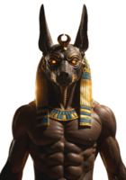 Ancient Egyptian God Anubis Powerful Mythological Warrior with Glowing Eyes and Gold Adornments png