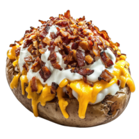 Loaded baked potato with cheese sour cream and bacon recipe food photography delicious meal acter png