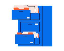 Hand drawn cute illustration of file cabinet with open drawer. Flat file archive storage doodle. Planning or time management icon. Folder with office documents. Catalog or database. Isolated. vector