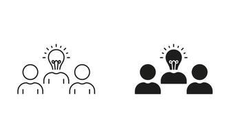 Teamwork, Team and Lightbulb Line and Silhouette Icon Set. Solution, Idea, Innovation Pictogram. Creative Community with Light Bulb Symbol. Editable Stroke. Isolated Illustration vector