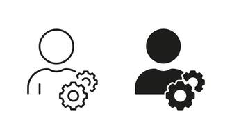 Project Management Concept. Person with Gear Line and Silhouette Icon Set. Workforce Icon. Leader Works. Social Human with Cog Wheel. Teamwork Symbol. Editable Stroke. Isolated Illustration vector