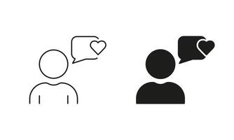 Person With Speech Bubble And Heart Shape Sign. Customer Loyalty Line and Silhouette Icon Set. Consumer Rating Pictogram. User Feedback Symbol. Editable Stroke. Isolated Illustration vector