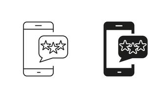 Social Media App Rating Pictogram. Stars On Smartphone With Speech Bubble Symbol. Feedback On Mobile Phone Line and Silhouette Icon Set. Editable Stroke. Isolated Illustration vector