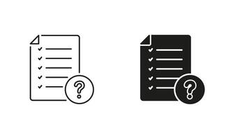 FAQ Page Pictogram. Checklist On File Symbol. Paper Document With Question Mark Line and Silhouette Icon Set. Ask And Answer Sign. Editable Stroke. Isolated Illustration vector