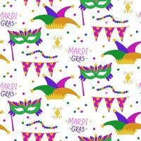 pattern of elements of carnival costume for Mardi Gras. Mask, flags, jester's cap, sequins, beads. It is suitable for decorating materials, advertising campaigns, products related carnivals. Seamless vector