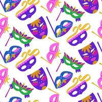 pattern with flat colored masks for Mardi Gras. It is useful for decorating materials related to carnival celebrations, creating decorations for events, posters and festive-themed products. Bright vector