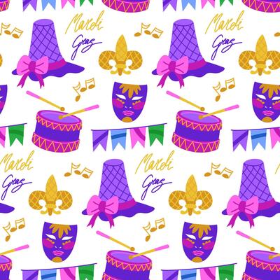 pattern of flowers for Mardi Gras. hat, drum, mask, flags, text. The flat illustration is suitable for decoration of carnival events, promotional materials and goods. Seamless texture on white