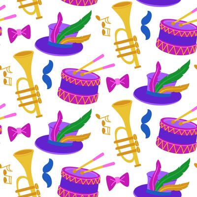 color pattern for Mardi Gras. hat with feathers, drum, trumpet, mustache. The seamless flat texture is suitable for decorating carnival events, promotional materials, and holiday-themed merchandise.