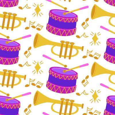 pattern with musical instruments, drum, trumpet. Flat color illustration. Texture is suitable decorating musical events, advertising musical products, educational materials, concert posters. Seamless