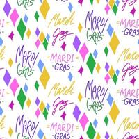 Mardi Gras doodle color lettering pattern is suitable for use in promotional materials, decor, social media, and other products related to Mardi Gras, carnival themes, and holidays. inscriptions vector