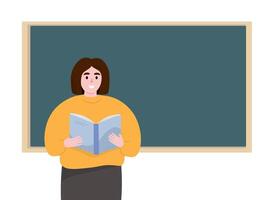 Student at the board with a book. Teacher explains the lesson. flat graphics. vector