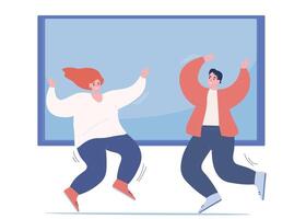 Happy students on the background of the board. Joyful youth jumping. flat graphics. vector
