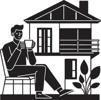 man sitting on chair in front of house with cup of coffee vector