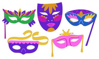 set of flat colored masks for Mardi Gras. It is useful for decorating materials related to carnival celebrations, creating decorations for events, posters and festive-themed products. Bright vector