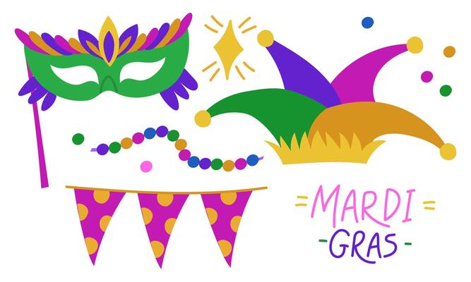 set of carnival costume elements for Mardi Gras. Mask, flags, jester's hat, glitter, beads. It is suitable for decorating materials, advertising campaigns and products related to holiday, carnival