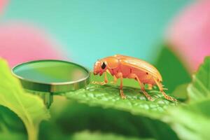 Orange Beetle on Leaf with Magnifying Glass Close Up Nature photo