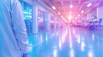 Partial view of scientist in laboratory hallway with high tech equipment and futuristic lighting photo