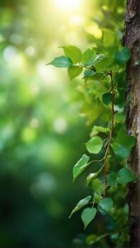 Green leaves on a tree trunk with sunlight shining through photo