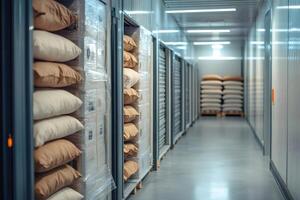 Sacks of grain stored in modern warehouse, maintaining optimal storage conditions photo
