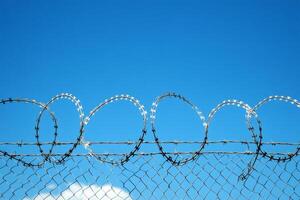 Razor wire forming protecting circles on top of chain link fence under blue sky photo