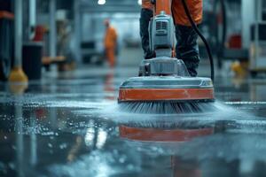 Floor cleaning machine scrubbing and polishing factory floor photo