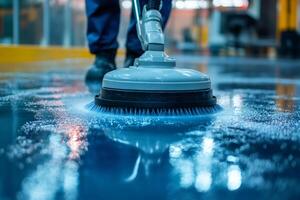 Cleaning service worker using floor scrubber machine in factory photo