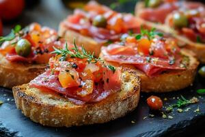 Smoked tuna bruschetta with tomato, capers and herbs being prepared on a slate platter photo